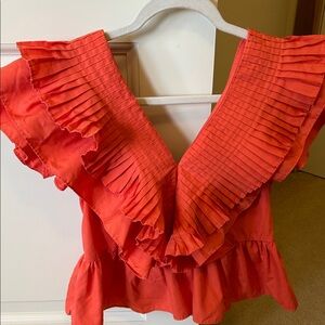entro Coral Red Pleated Ruffle V-Neck Blouse